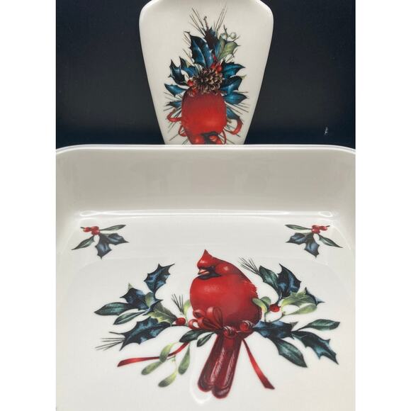 Lenox Winter Greetings Casserole Dish 8.5" Red Cardinal with Dessert Server - Picture 1 of 13